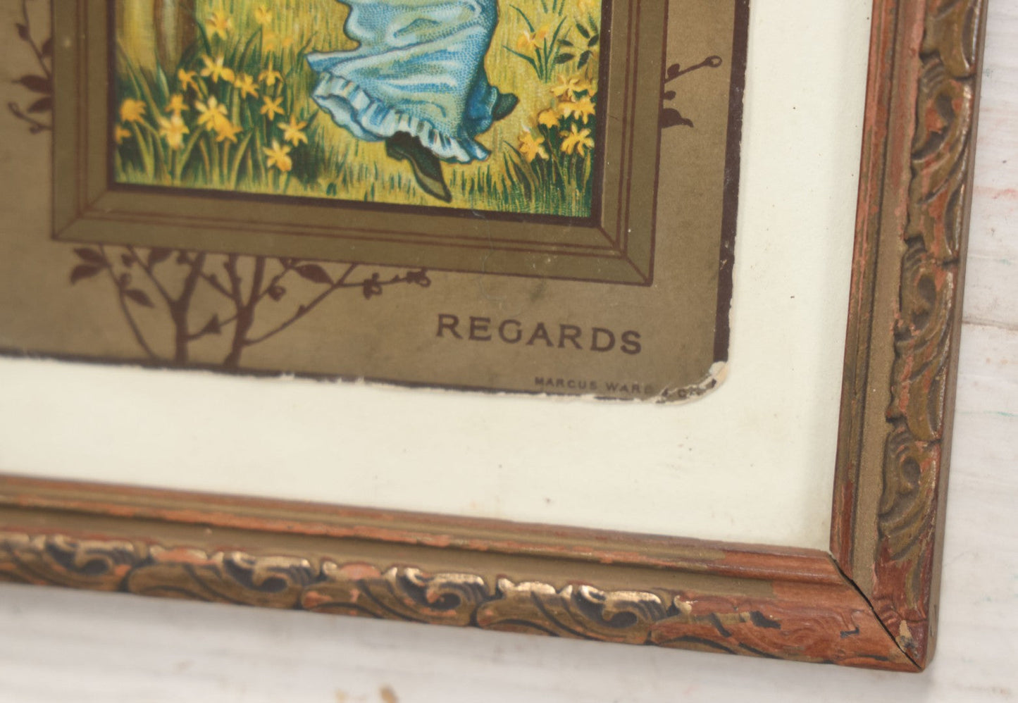 Lot 057 - Antique Framed Postcard Of A Little Girl In Blue On A Swing "With Kind Regards," By Marcus Ward & Co., 5-3/4" x 7-3/4"