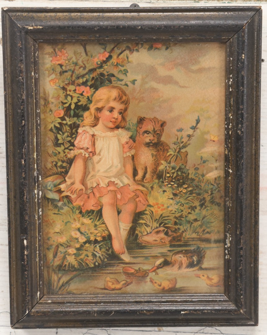 Lot 058 - Antique Chromolithograph Print Of A Little Girl With Her Dog Sitting By The Pond With Ducks, 7-1/8" x 9-1/8"