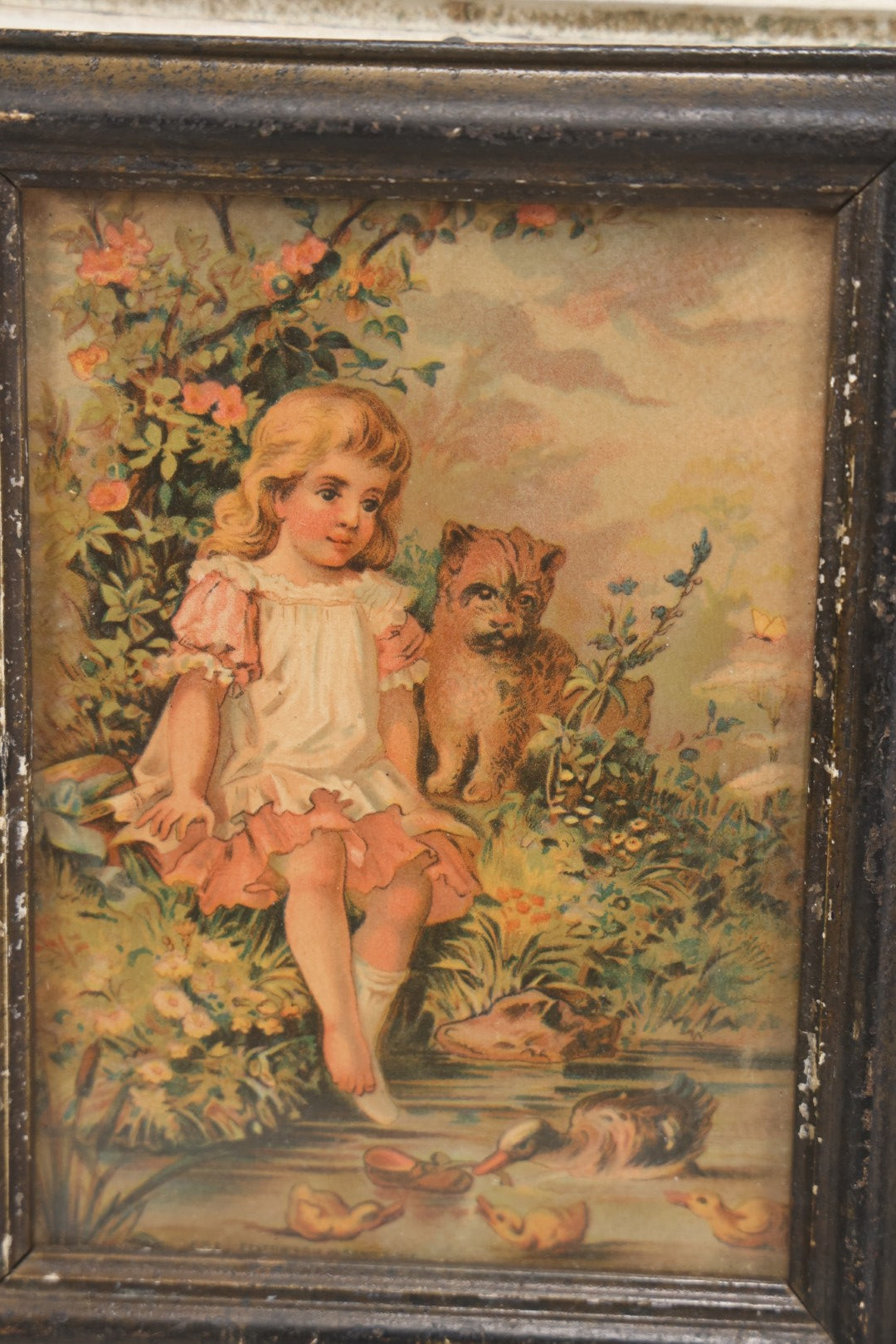Lot 058 - Antique Chromolithograph Print Of A Little Girl With Her Dog Sitting By The Pond With Ducks, 7-1/8" x 9-1/8"