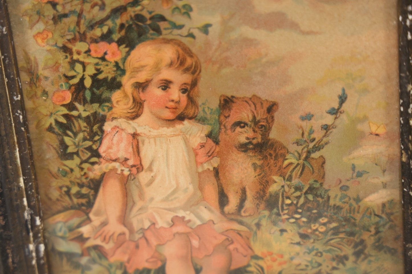 Lot 058 - Antique Chromolithograph Print Of A Little Girl With Her Dog Sitting By The Pond With Ducks, 7-1/8" x 9-1/8"