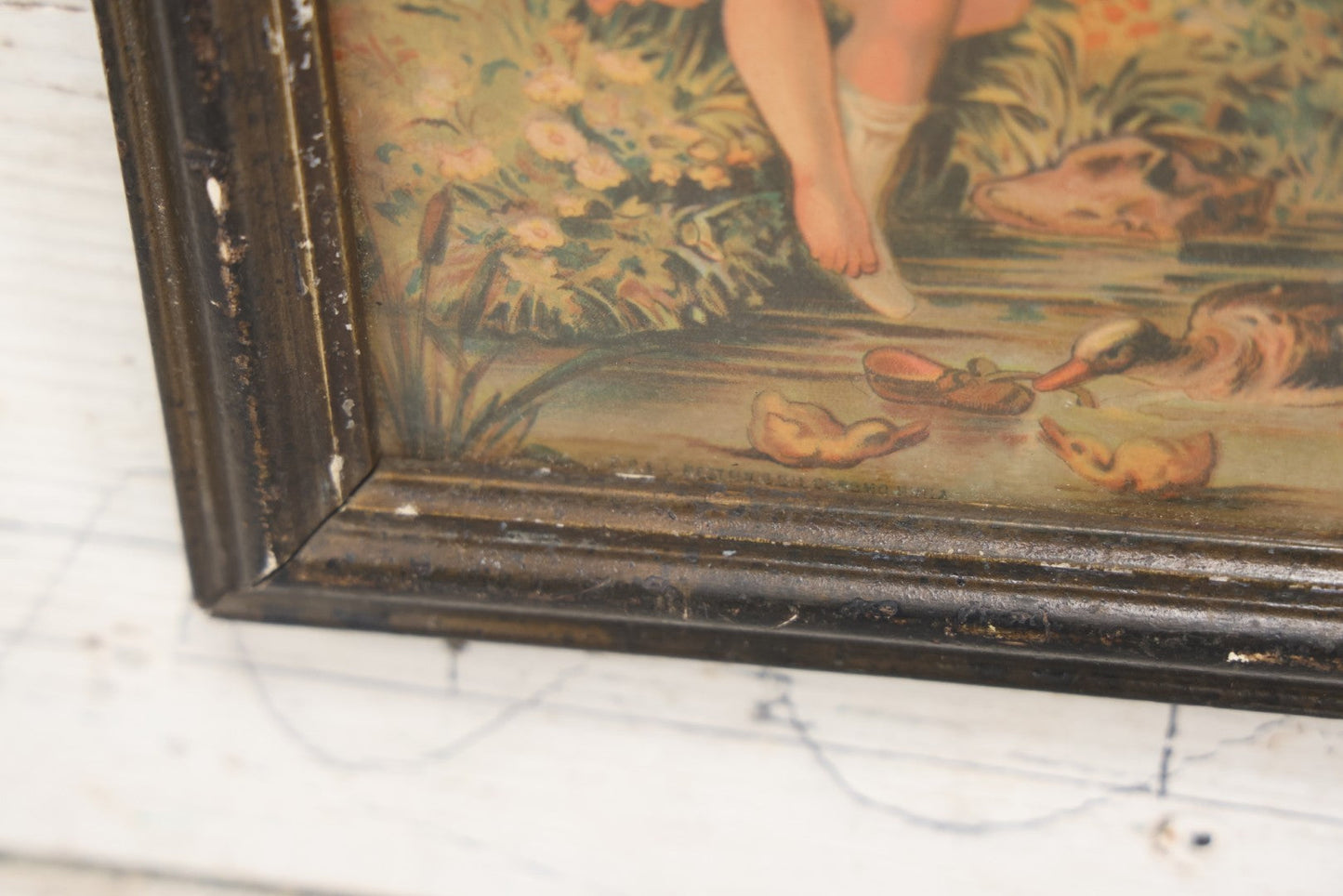 Lot 058 - Antique Chromolithograph Print Of A Little Girl With Her Dog Sitting By The Pond With Ducks, 7-1/8" x 9-1/8"