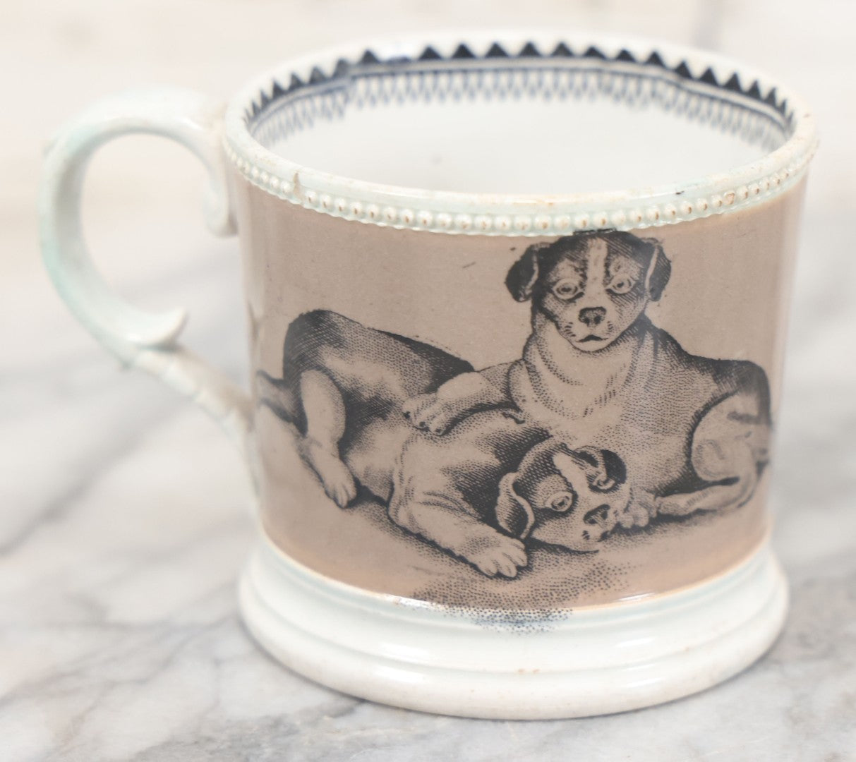 Lot 059 - Antique Transferware Ceramic Mug With Cats And Dogs, Geometric Pattern On Interior