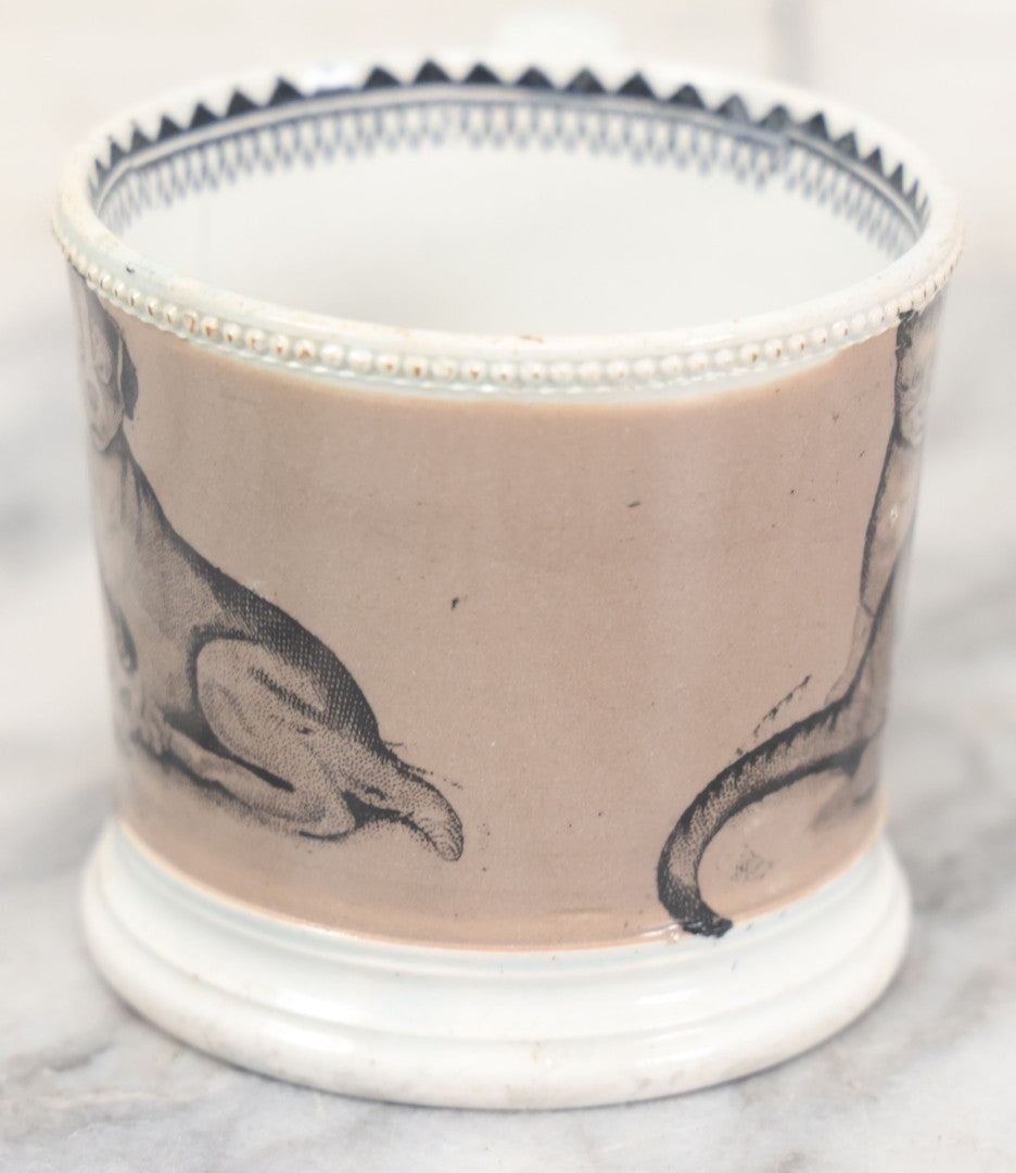 Lot 059 - Antique Transferware Ceramic Mug With Cats And Dogs, Geometric Pattern On Interior