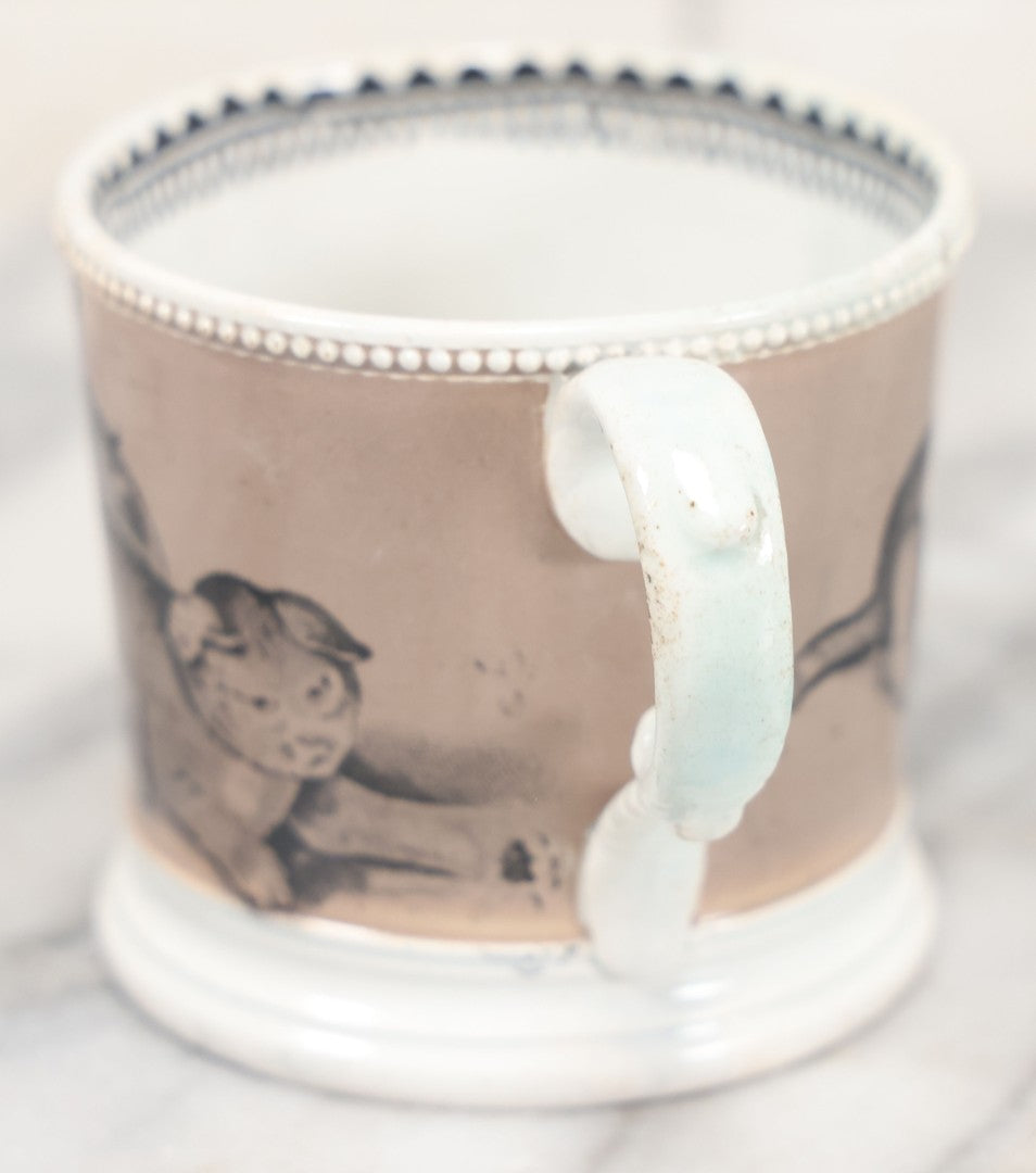 Lot 059 - Antique Transferware Ceramic Mug With Cats And Dogs, Geometric Pattern On Interior