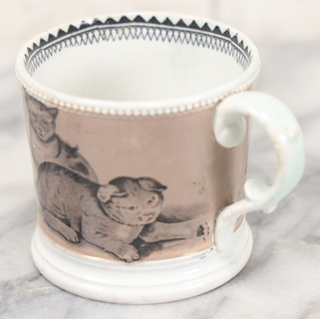 Lot 059 - Antique Transferware Ceramic Mug With Cats And Dogs, Geometric Pattern On Interior