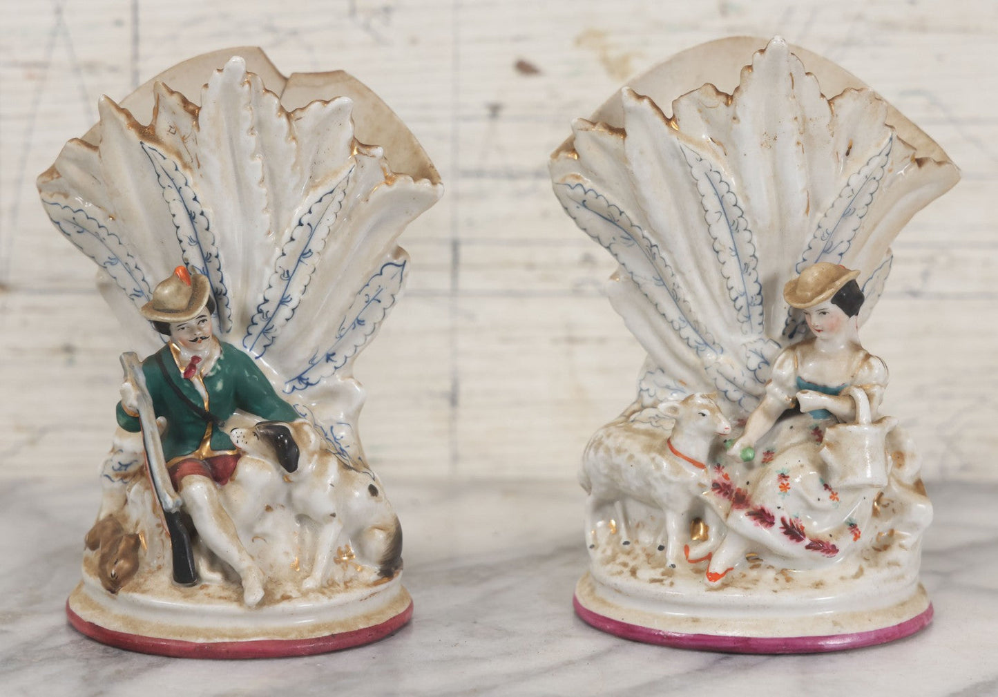Lot 060 - Pair Of Antique Porcelain Staffordshire Decorative Vases, Man With Dog Hunting Rabbit And Woman With Lamb, Note Damage
