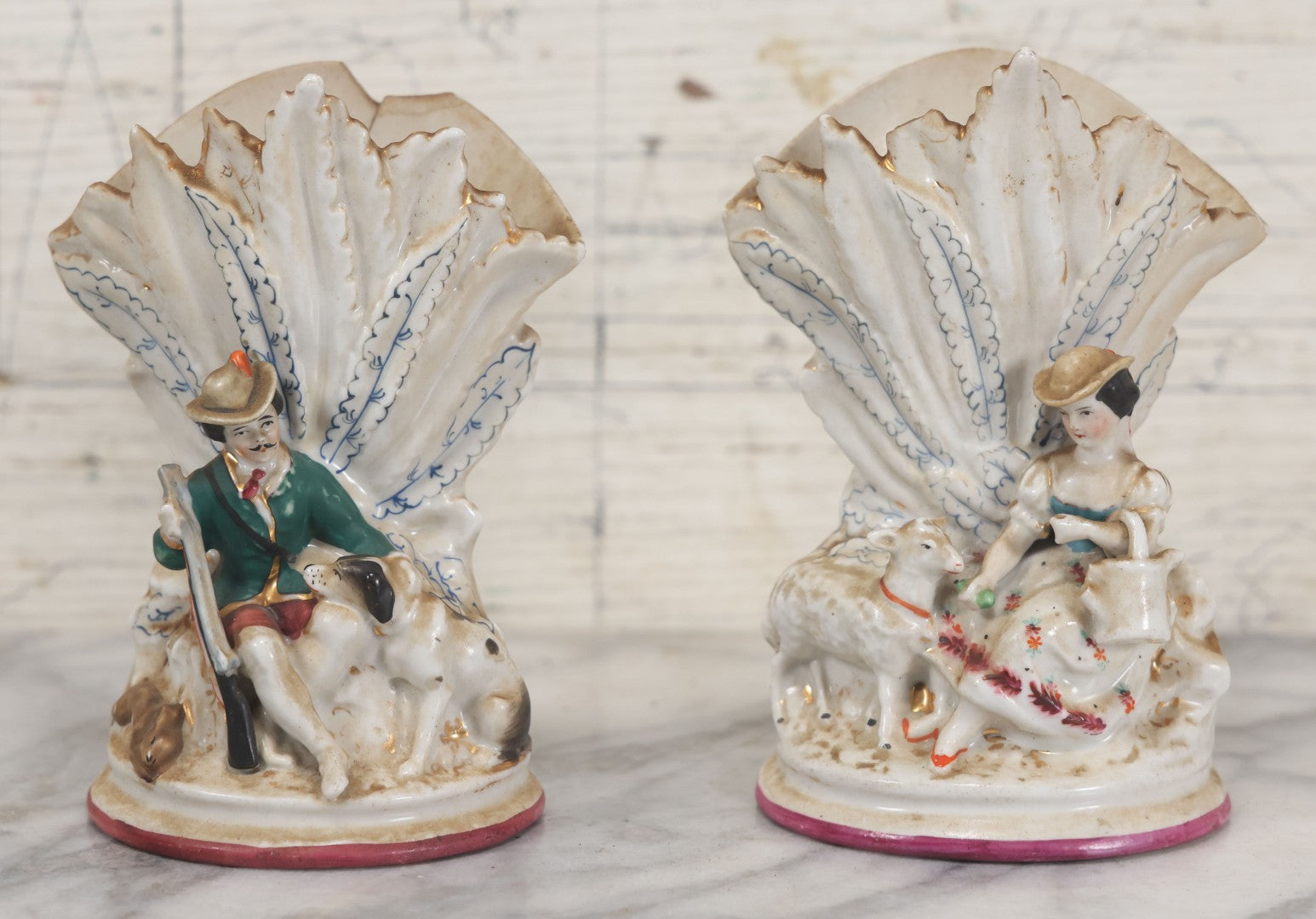 Lot 060 - Pair Of Antique Porcelain Staffordshire Decorative Vases, Man With Dog Hunting Rabbit And Woman With Lamb, Note Damage