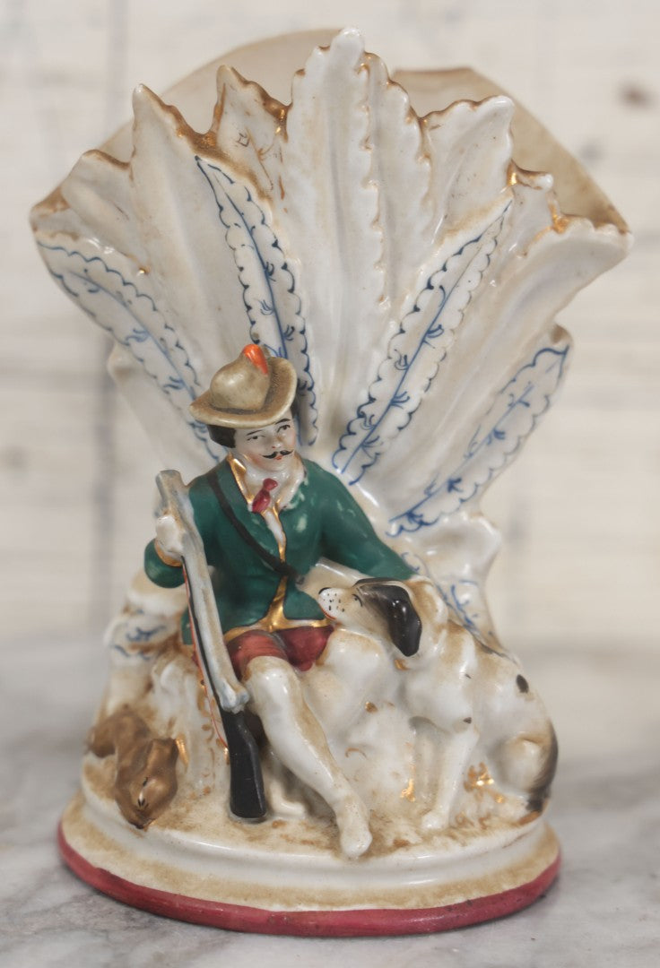 Lot 060 - Pair Of Antique Porcelain Staffordshire Decorative Vases, Man With Dog Hunting Rabbit And Woman With Lamb, Note Damage