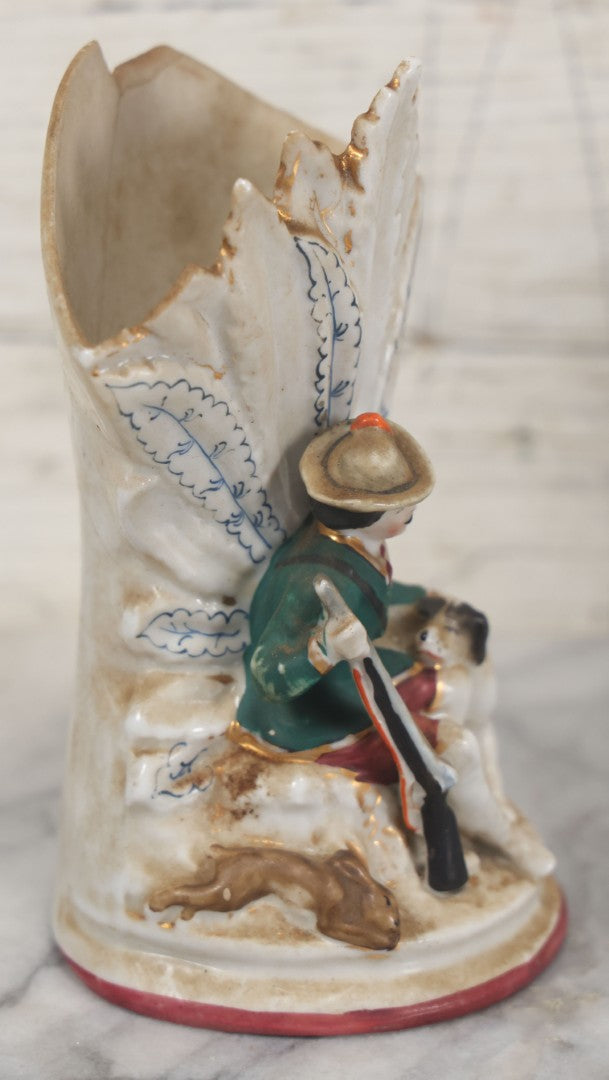 Lot 060 - Pair Of Antique Porcelain Staffordshire Decorative Vases, Man With Dog Hunting Rabbit And Woman With Lamb, Note Damage