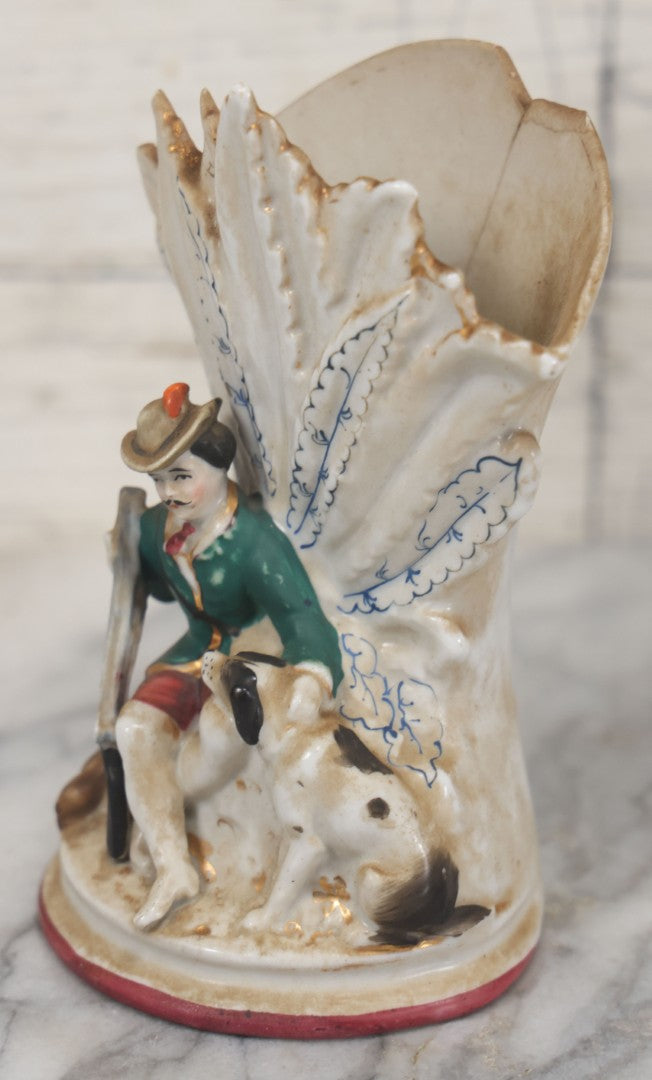 Lot 060 - Pair Of Antique Porcelain Staffordshire Decorative Vases, Man With Dog Hunting Rabbit And Woman With Lamb, Note Damage