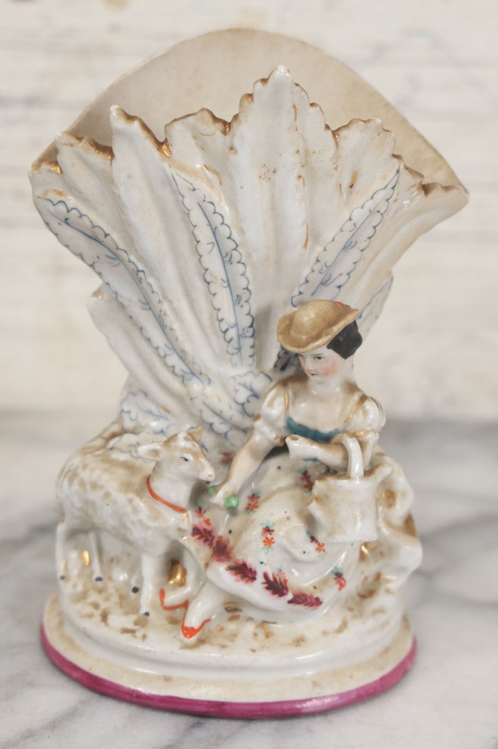 Lot 060 - Pair Of Antique Porcelain Staffordshire Decorative Vases, Man With Dog Hunting Rabbit And Woman With Lamb, Note Damage