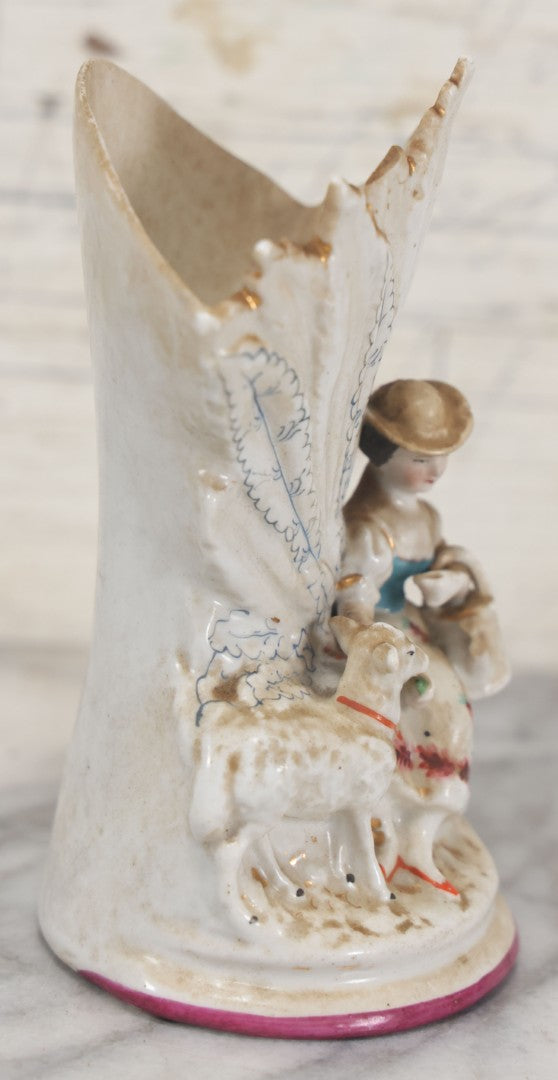 Lot 060 - Pair Of Antique Porcelain Staffordshire Decorative Vases, Man With Dog Hunting Rabbit And Woman With Lamb, Note Damage