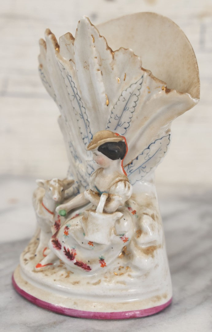 Lot 060 - Pair Of Antique Porcelain Staffordshire Decorative Vases, Man With Dog Hunting Rabbit And Woman With Lamb, Note Damage