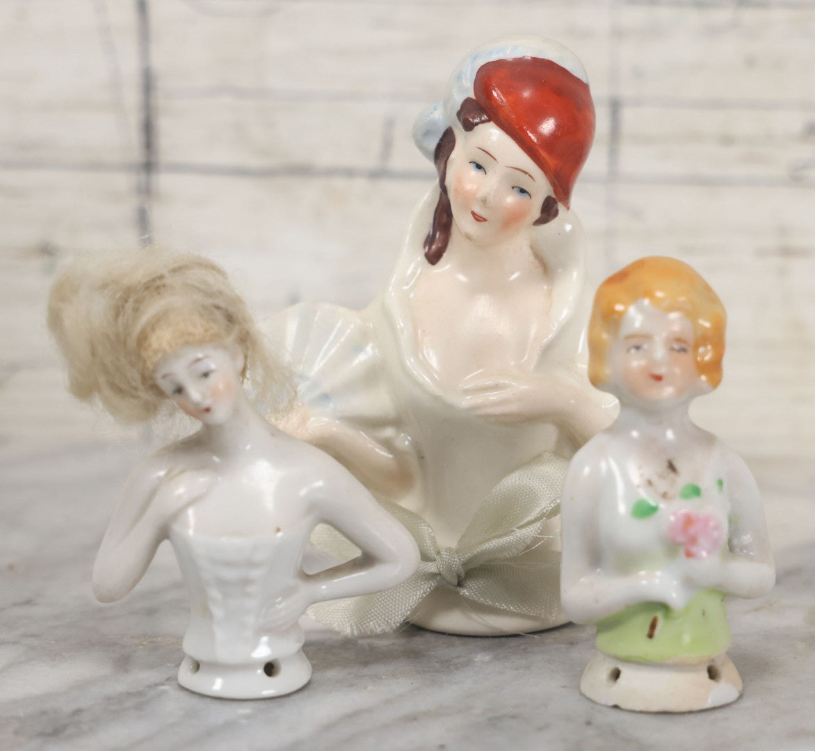 Lot 061 - Trio Of Vintage And Antique Dresser Brush Porcelain Lady Toppers, Made In Japan, Germany, Etc., Sold As One Lot