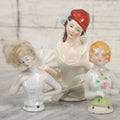Lot 061 - Trio Of Vintage And Antique Dresser Brush Porcelain Lady Toppers, Made In Japan, Germany, Etc., Sold As One Lot