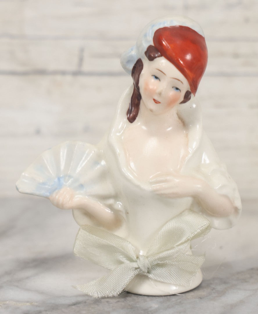 Lot 061 - Trio Of Vintage And Antique Dresser Brush Porcelain Lady Toppers, Made In Japan, Germany, Etc., Sold As One Lot