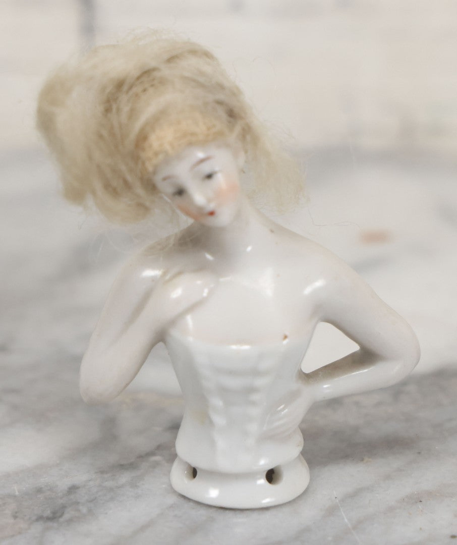 Lot 061 - Trio Of Vintage And Antique Dresser Brush Porcelain Lady Toppers, Made In Japan, Germany, Etc., Sold As One Lot
