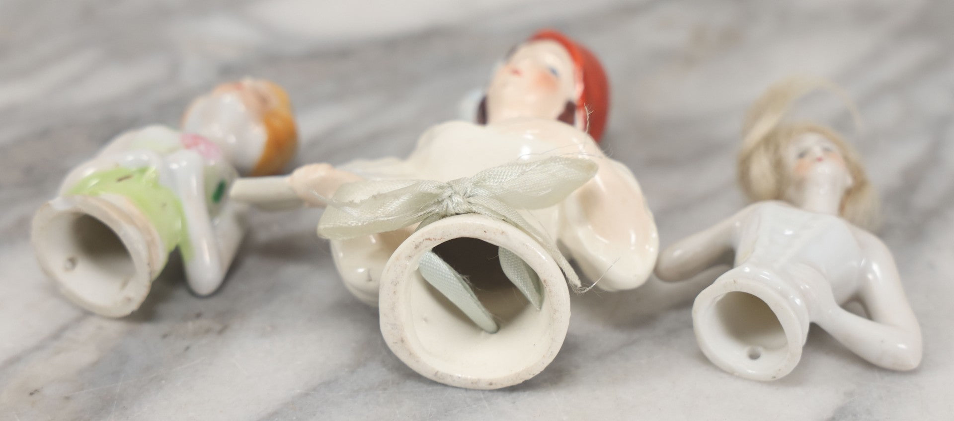 Lot 061 - Trio Of Vintage And Antique Dresser Brush Porcelain Lady Toppers, Made In Japan, Germany, Etc., Sold As One Lot