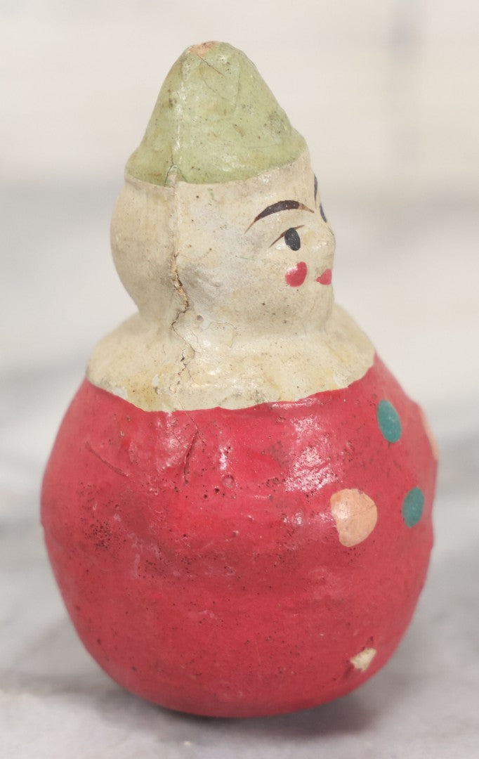 Lot 064 - Vintage Papier Mache Or Composition Roly Poly Clown Toy In Red Shirt With Pointy Hat, Make-Up, Note Wear, As Found