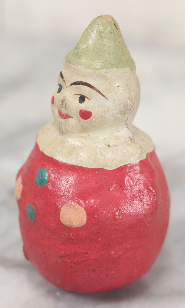 Lot 064 - Vintage Papier Mache Or Composition Roly Poly Clown Toy In Red Shirt With Pointy Hat, Make-Up, Note Wear, As Found