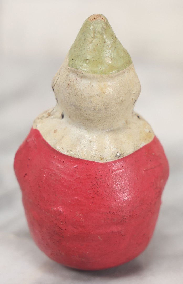 Lot 064 - Vintage Papier Mache Or Composition Roly Poly Clown Toy In Red Shirt With Pointy Hat, Make-Up, Note Wear, As Found