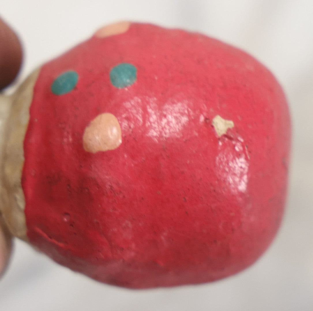 Lot 064 - Vintage Papier Mache Or Composition Roly Poly Clown Toy In Red Shirt With Pointy Hat, Make-Up, Note Wear, As Found