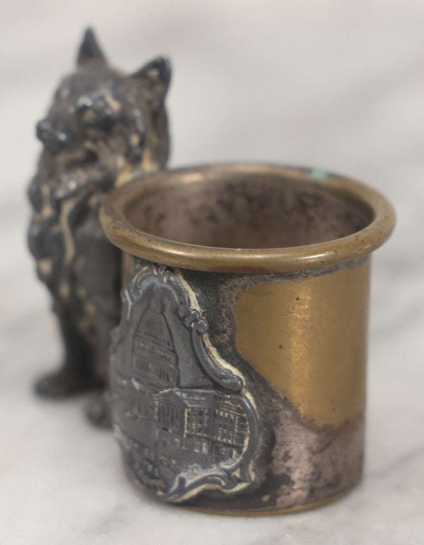 Lot 065 - Antique Cast Metal And Brass Toothpick Holder With Dog, Souvenir Of Washington D.C., The Capitol Building