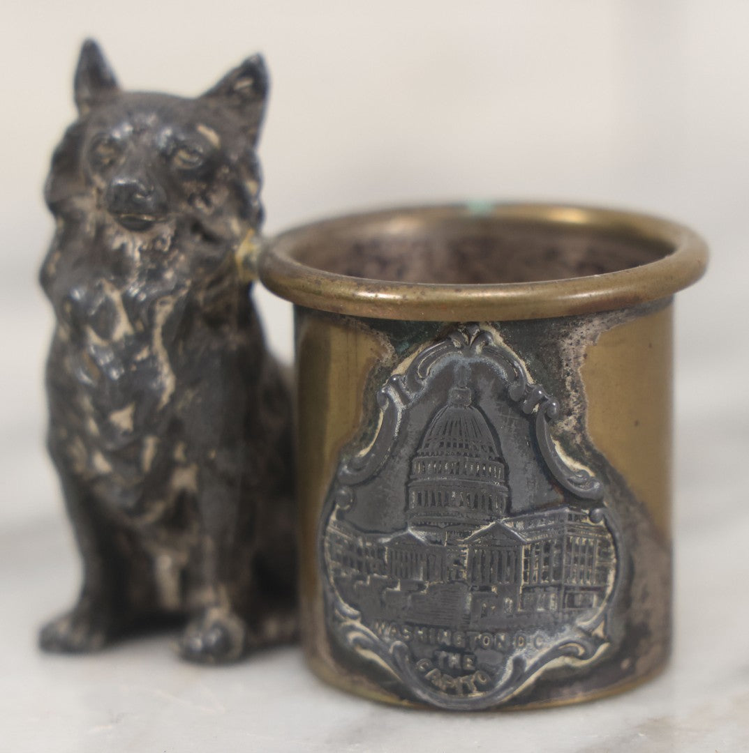Lot 065 - Antique Cast Metal And Brass Toothpick Holder With Dog, Souvenir Of Washington D.C., The Capitol Building