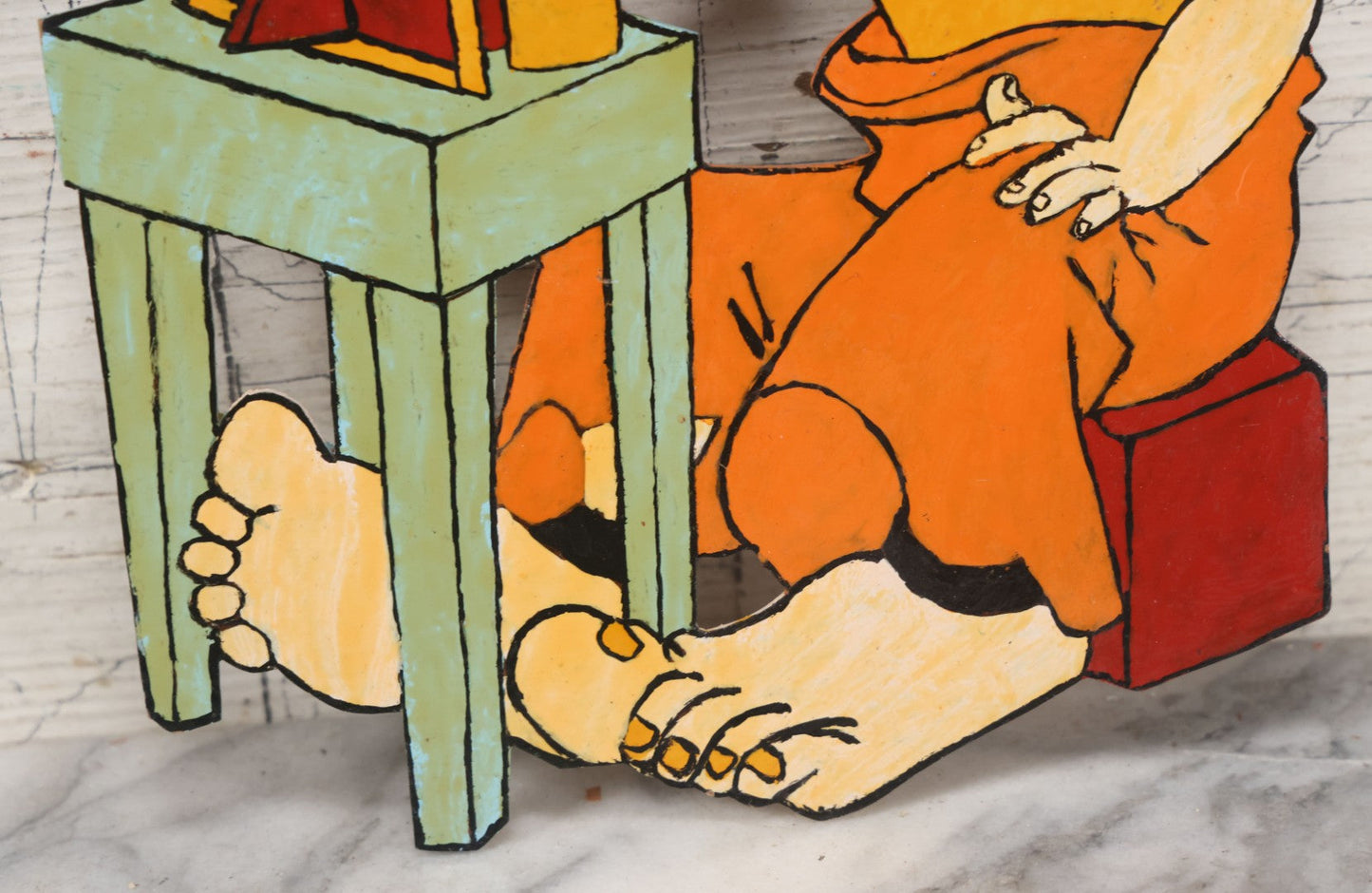 Lot 067 - Vintage Folk Art, Scroll Cut Hand Painted Clown With Large Feet Doing Makeup In Mirror, Grinning With Yellow Teeth 