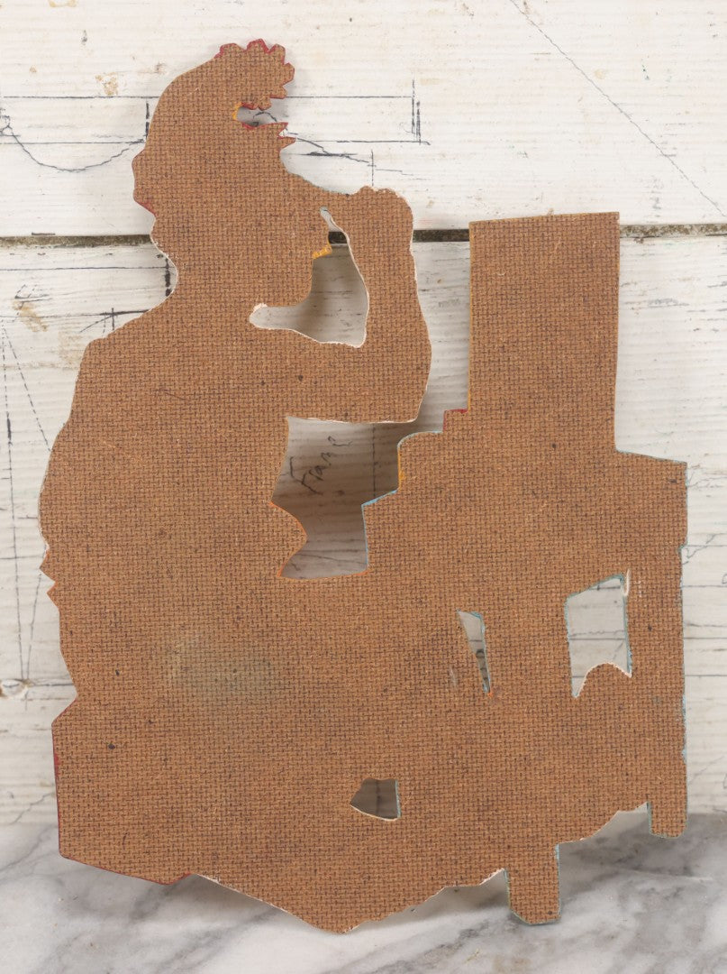 Lot 067 - Vintage Folk Art, Scroll Cut Hand Painted Clown With Large Feet Doing Makeup In Mirror, Grinning With Yellow Teeth 