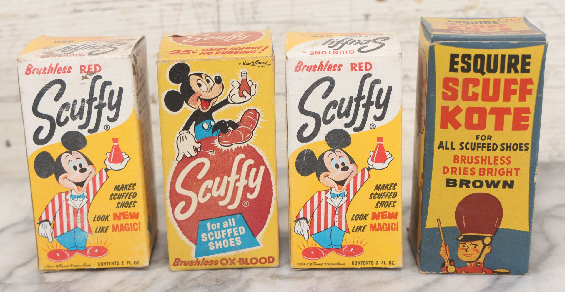 Lot 068 - Grouping Of Four New Old Stock N.O.S. Scuffy Shoe Polish Boxes With Contents, Three Featuring Mickey Mouse, Other Disney Characters, Including Ox-Blood, Red, And Brown, As Found