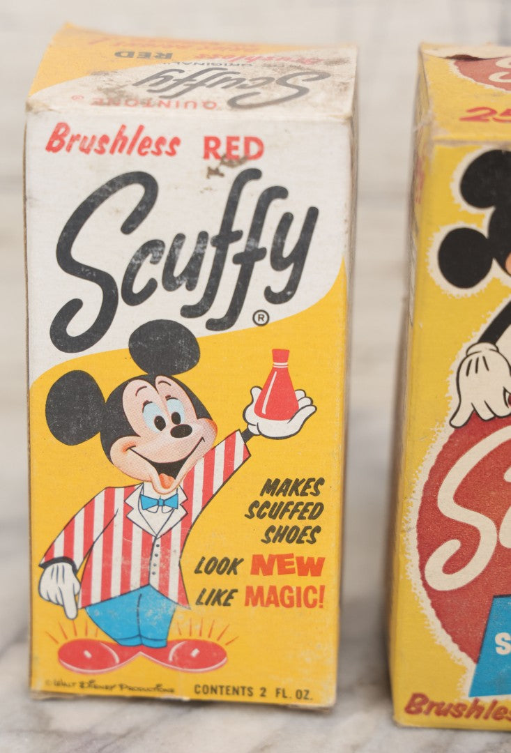 Lot 068 - Grouping Of Four New Old Stock N.O.S. Scuffy Shoe Polish Boxes With Contents, Three Featuring Mickey Mouse, Other Disney Characters, Including Ox-Blood, Red, And Brown, As Found