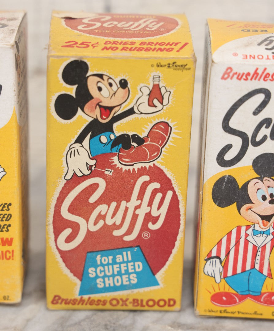 Lot 068 - Grouping Of Four New Old Stock N.O.S. Scuffy Shoe Polish Boxes With Contents, Three Featuring Mickey Mouse, Other Disney Characters, Including Ox-Blood, Red, And Brown, As Found