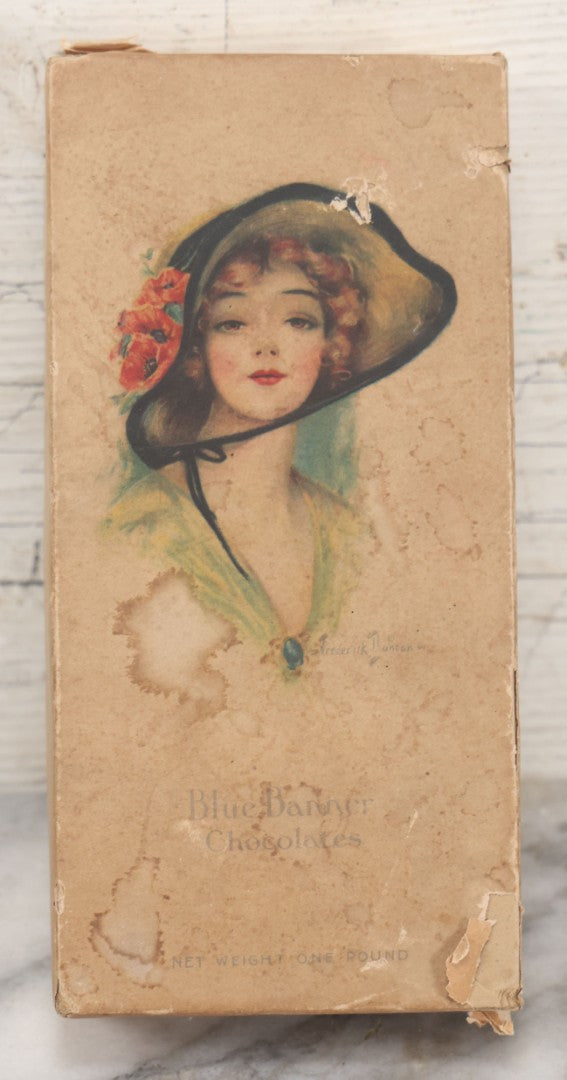 Lot 069 - Vintage Paper Board Box For Blue Banner Chocolates, One Pound, Featuring Pretty Woman In Hat By Frederick Alexander Duncan