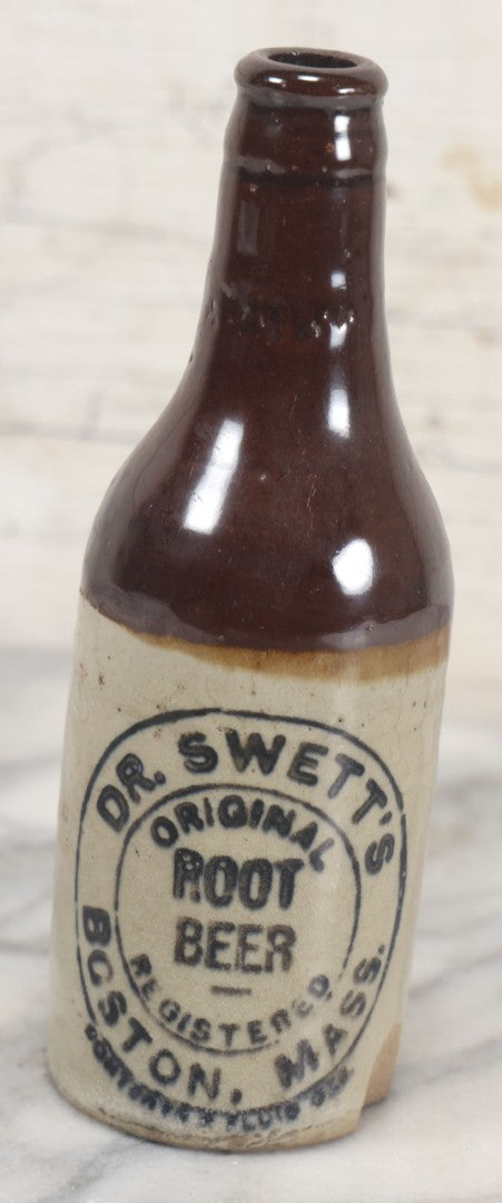 Lot 070 - Antique Dr. Swett's Original Root Beer Stoneware Bottle, Boston, Massachusetts, Note Large Chip Lower Right Side