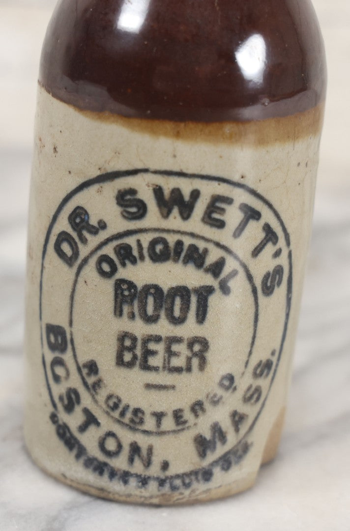 Lot 070 - Antique Dr. Swett's Original Root Beer Stoneware Bottle, Boston, Massachusetts, Note Large Chip Lower Right Side