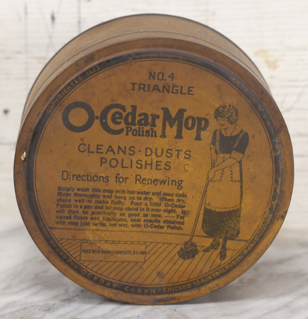 Lot 071 - Antique No. 4 Triangle O-Cedar Mop Polish Tin, Copyrighted 1923, Made By And For O-Cedar Corporation, Chicago, Toronto, London, Paris, Made In U.S.A.