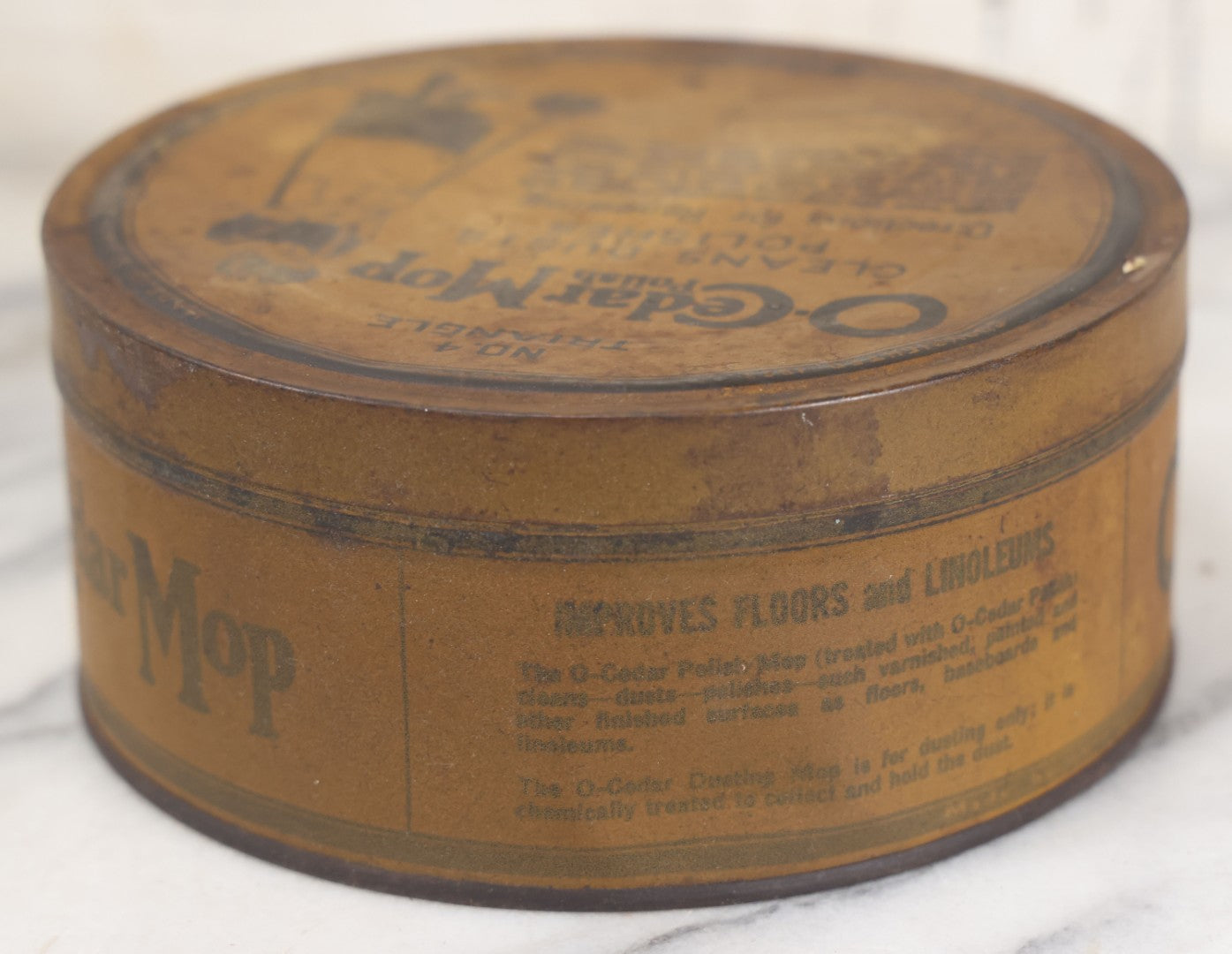 Lot 071 - Antique No. 4 Triangle O-Cedar Mop Polish Tin, Copyrighted 1923, Made By And For O-Cedar Corporation, Chicago, Toronto, London, Paris, Made In U.S.A.