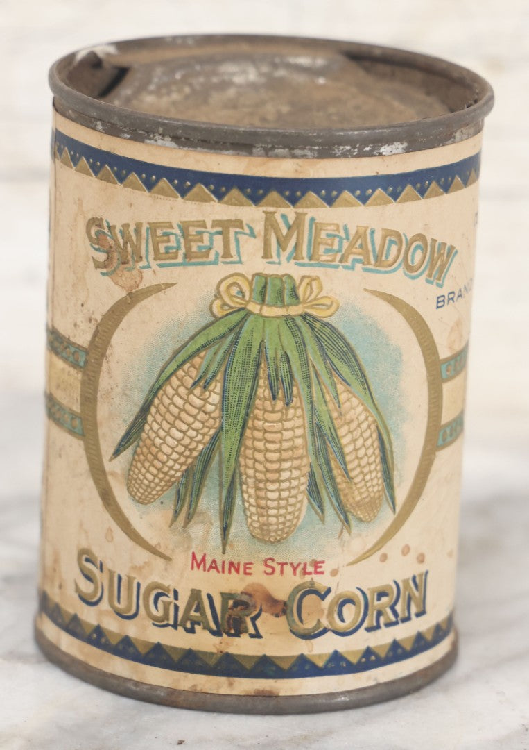 Lot 074 - Antique Sweet Meadow Brand Maine Style Sugar Corn Tin Can With Paper Label, Packed By Monocacy Valley Canning Co., Frederick Maryland
