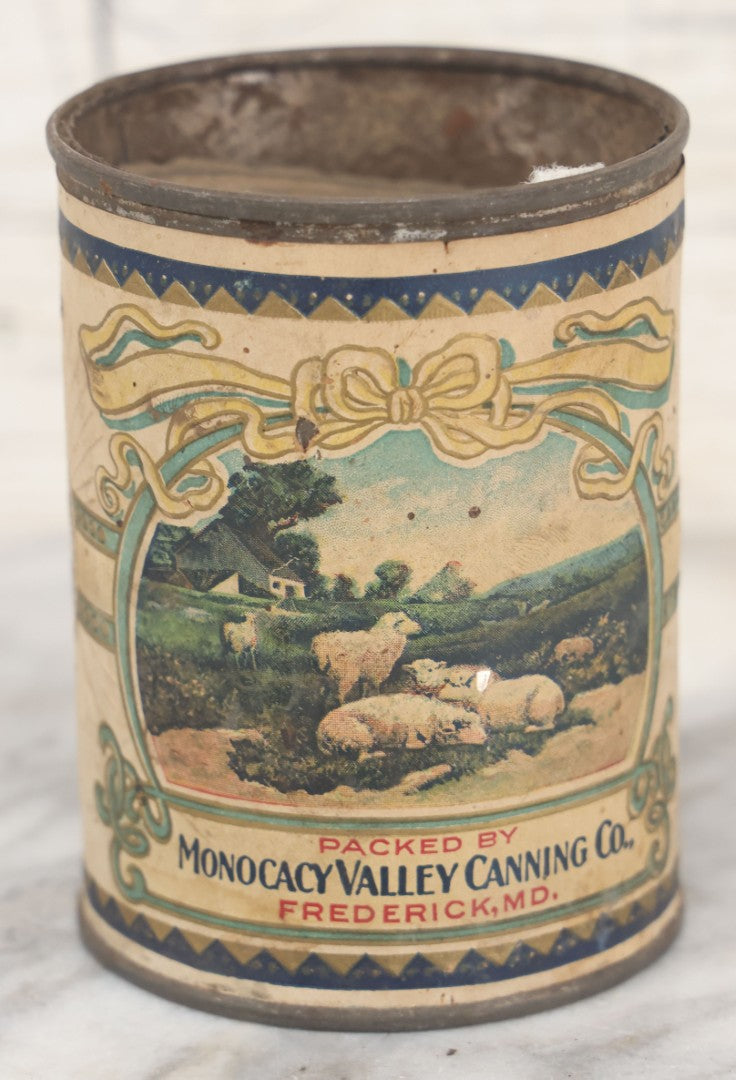 Lot 074 - Antique Sweet Meadow Brand Maine Style Sugar Corn Tin Can With Paper Label, Packed By Monocacy Valley Canning Co., Frederick Maryland