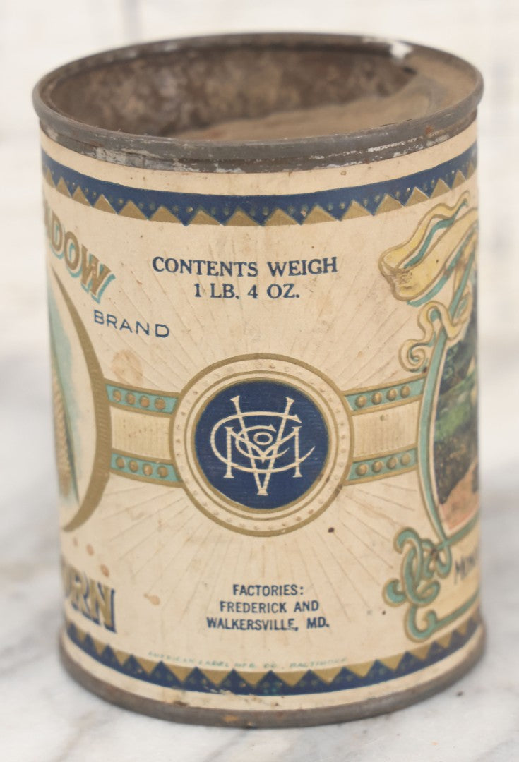 Lot 074 - Antique Sweet Meadow Brand Maine Style Sugar Corn Tin Can With Paper Label, Packed By Monocacy Valley Canning Co., Frederick Maryland