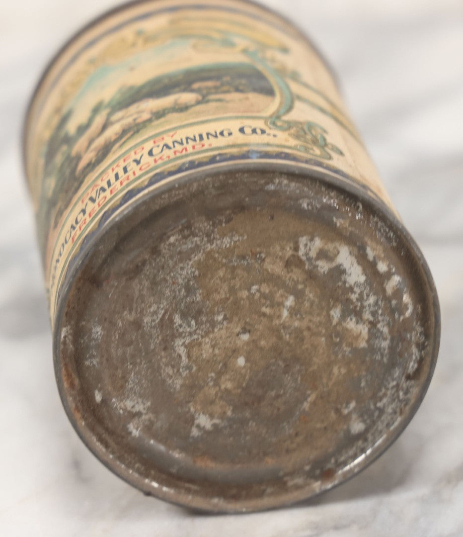 Lot 074 - Antique Sweet Meadow Brand Maine Style Sugar Corn Tin Can With Paper Label, Packed By Monocacy Valley Canning Co., Frederick Maryland