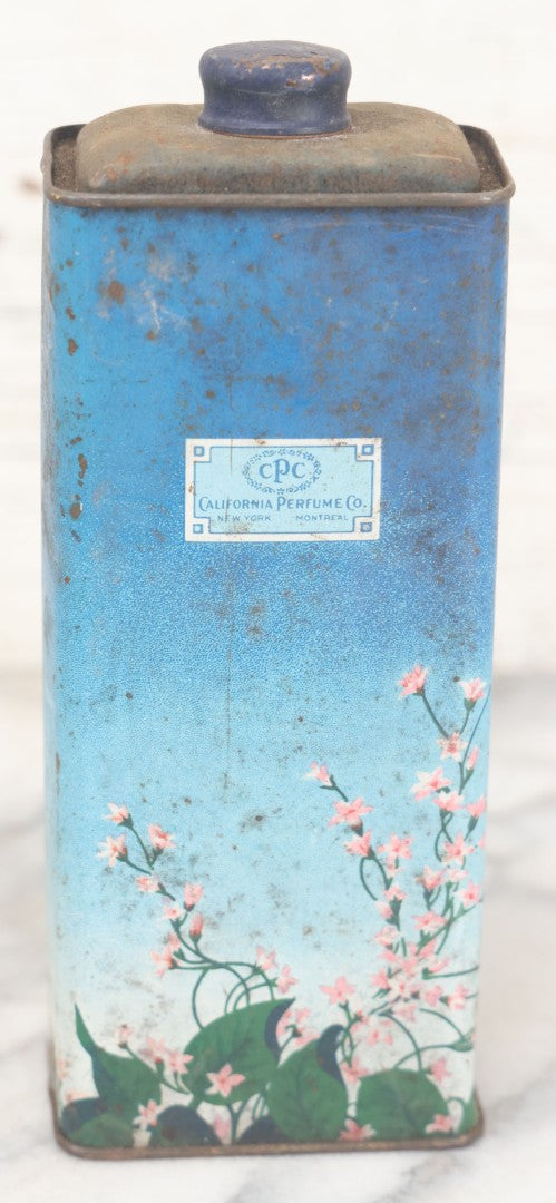Lot 077 - Vintage Blue Powder Tin With Pink Flowers, California Perfume Company, New York, Montreal, Made In U.S.A.