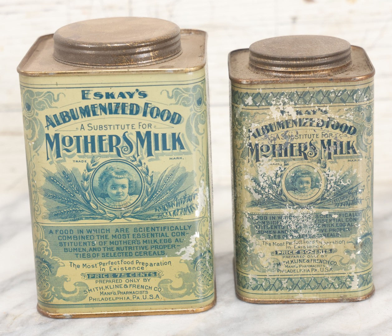 Lot 078 - Pair Of Antique Eskay's Albumenized Food, A Substitute For Mother's Milk Tins, Prepared By Smith, Kline, & French Co., Pharmacists, Philadelphia, Pennsylvania, Note Wear