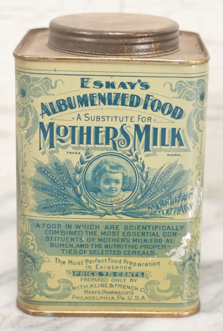 Lot 078 - Pair Of Antique Eskay's Albumenized Food, A Substitute For Mother's Milk Tins, Prepared By Smith, Kline, & French Co., Pharmacists, Philadelphia, Pennsylvania, Note Wear