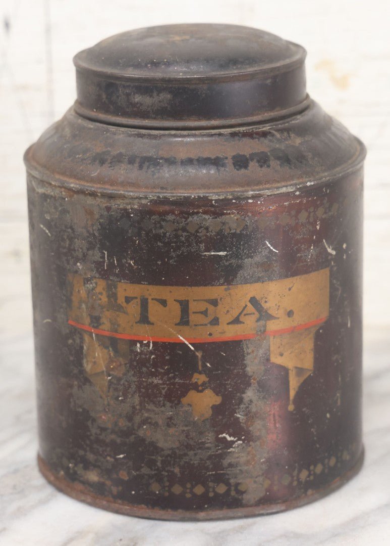 Lot 079 - Antique Toleware Stenciled Tea Tin With Hinged Lid, Painted Pattern Along Lower And Upper Edges
