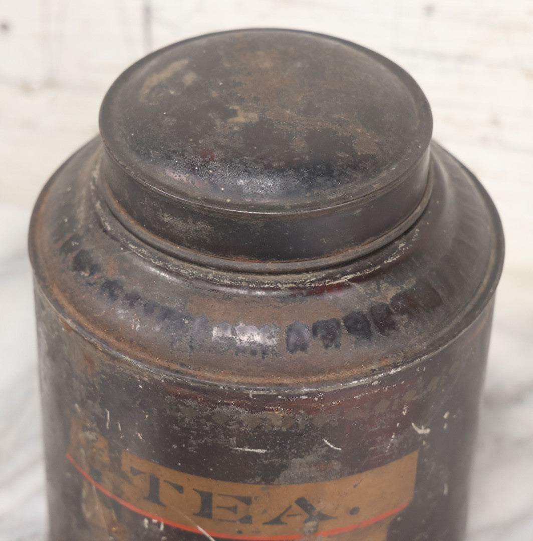 Lot 079 - Antique Toleware Stenciled Tea Tin With Hinged Lid, Painted Pattern Along Lower And Upper Edges