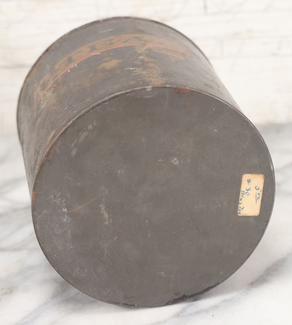 Lot 079 - Antique Toleware Stenciled Tea Tin With Hinged Lid, Painted Pattern Along Lower And Upper Edges