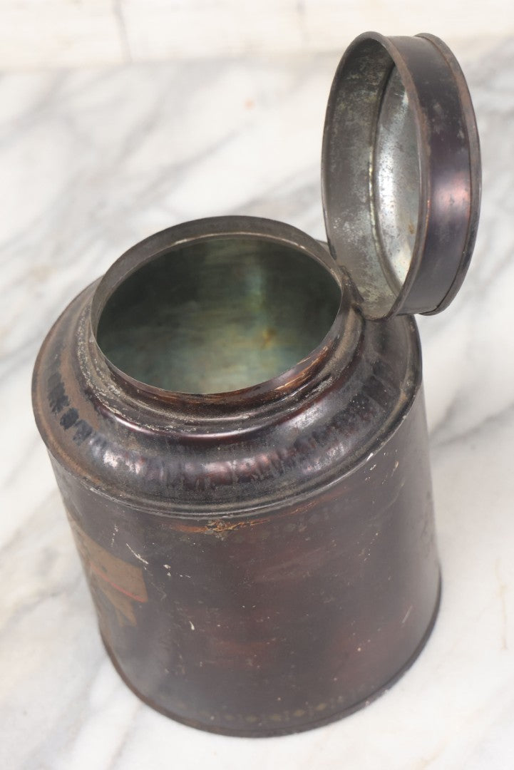 Lot 079 - Antique Toleware Stenciled Tea Tin With Hinged Lid, Painted Pattern Along Lower And Upper Edges