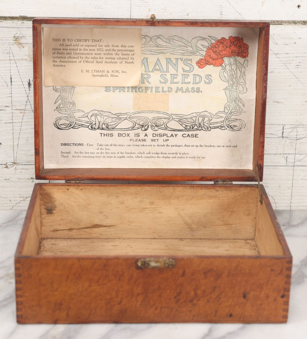 Lot 080 - Antique Finger Jointed Wooden Seed Store Display Box From E.M Lyman & Son, Inc, Lyman's Seeds, Springfield, Massachusetts, Circa 1922